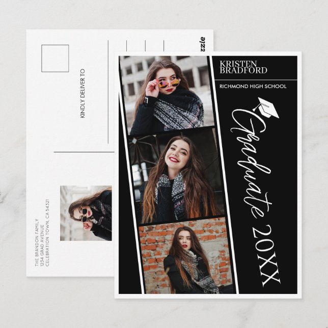Modernes Foto Strips Schwarzer Abschluss Ankündigu Postkarte (Vorne/Hinten)