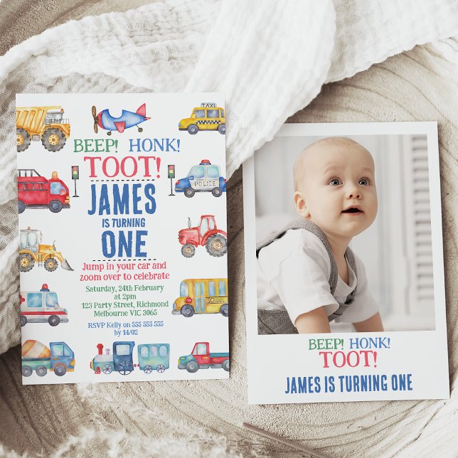 Modernes Foto Transport 1. Geburtstag Einladung (Cute modern transport themed boys 1st birthday invitation with various vehicles and photo on back.)