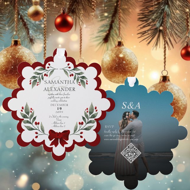 Modernes Foto Weihnachten Hochzeit Einladung Ornam (Modern Photo Christmas Wedding Invitation Ornament Unique Designer Christmas Watercolor Wreath )