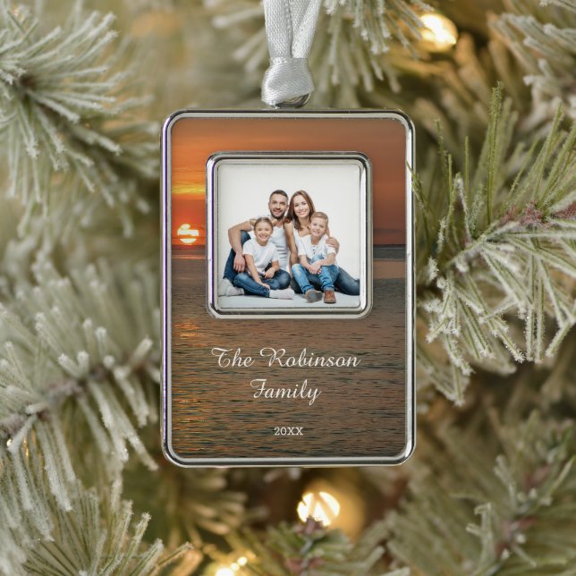 Modernes Foto Weihnachten Rahmen-Ornament Silber (Baum)