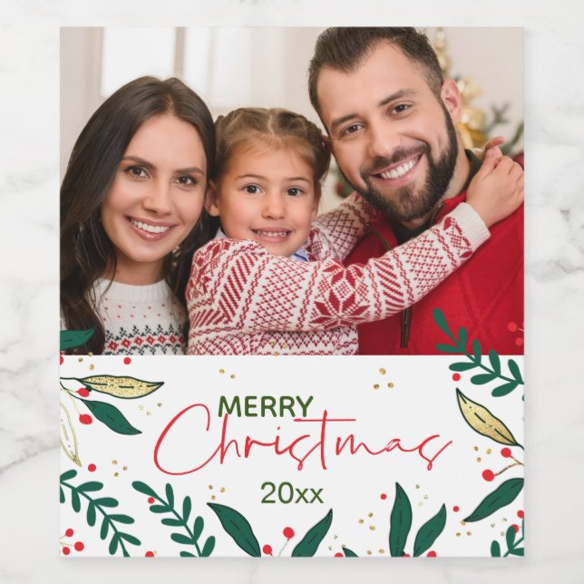 Modernes Foto Weihnachten Rote Grüne goldene Veget Weinetikett (Einzelnes Label)
