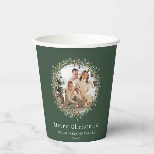 Modernes Foto Weihnachtskranz grün Pappbecher (Vorderseite)