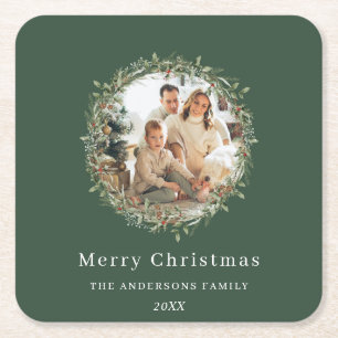 Modernes Foto Weihnachtskranz grün Rechteckiger Pappuntersetzer