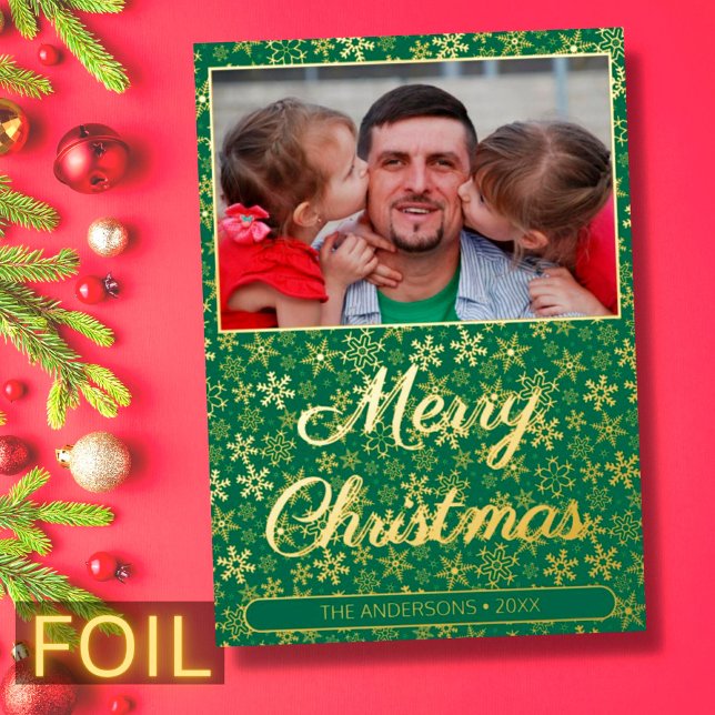 Modernes Foto Weihnachtsschneeflocken grün Folien Feiertagskarte (Von Creator hochgeladen)