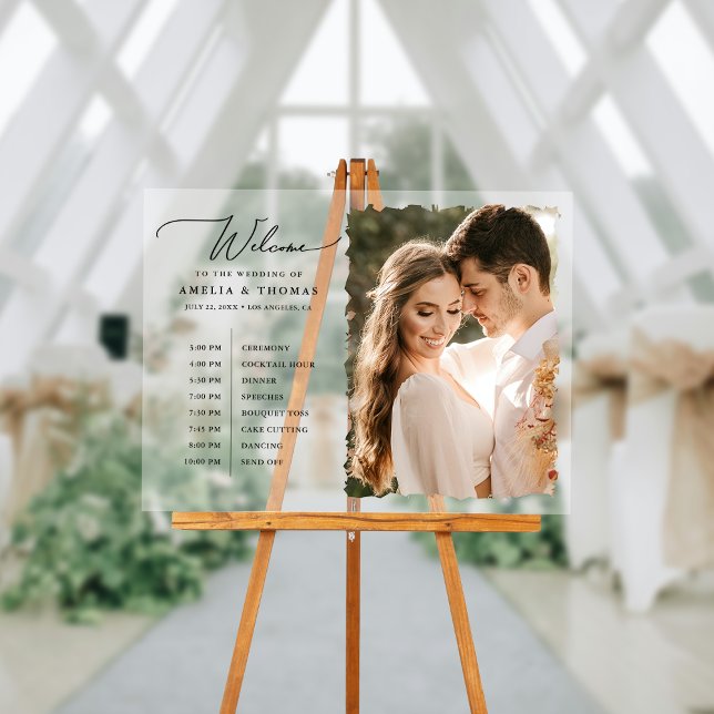 Modernes Foto - Willkommen und Timeline Acrylschild (Welcome your guests with our elegant acrylic sign that greets them and displays your event timeline.)