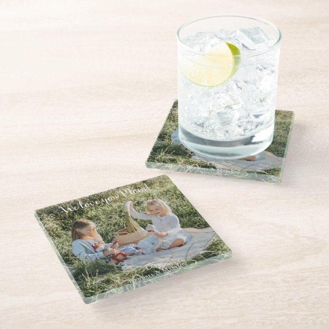 Modernes Foto Wir Liebe Sie Mama Glas Untersetzer (Schrägansicht)