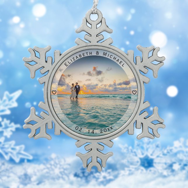 Modernes Foto zum Hochzeitstag Schneeflocken Zinn-Ornament (Von Creator hochgeladen)
