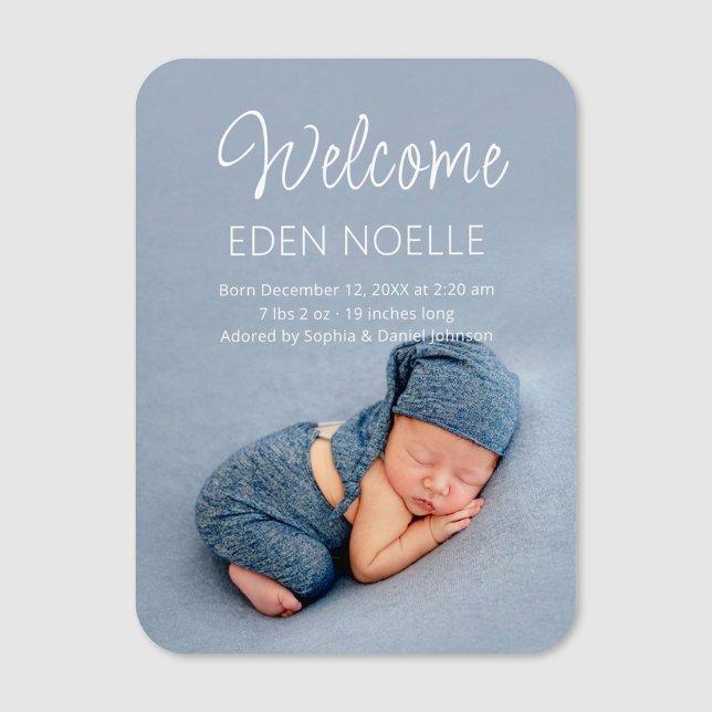 Modernes Foto zur Ankündigung von White Script Magnet (Custom baby photo magnet. Elegant, modern white script baby birth announcement photo magnet.)