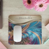 Modernes Fraktal Blue Gold Handgeschriebener Name