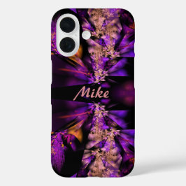 Modernes Fraktal in Schwarz und lila, personalisie iPhone 16 Hülle