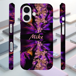 Modernes Fraktal in Schwarz und lila, personalisie iPhone 16 Hülle