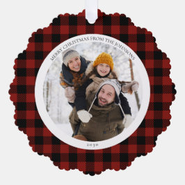 Modernes frohe Weihnachten Rotes Buffalo Karo Foto Ornament Karte