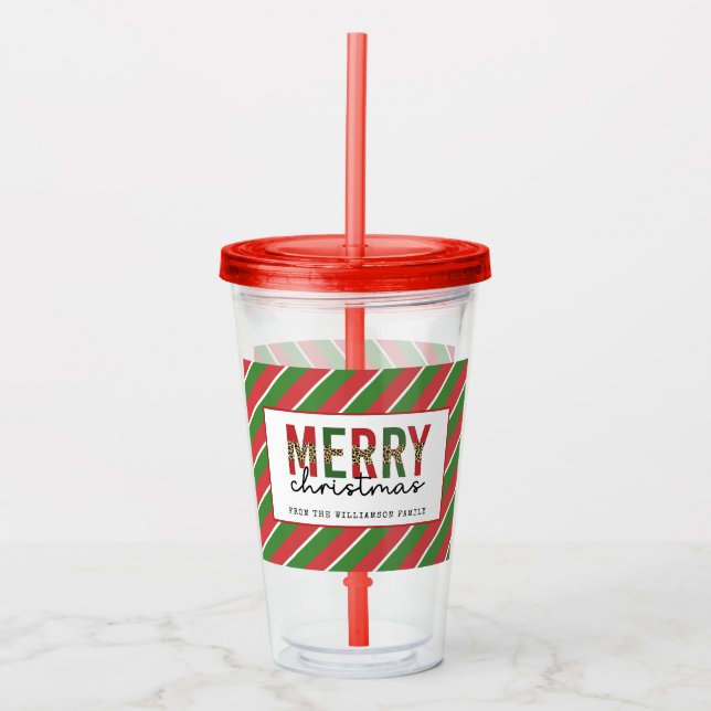 Modernes, frohe Weihnachts-Rot-Streifen Muster Acryltrinkbecher (Vorderseite)