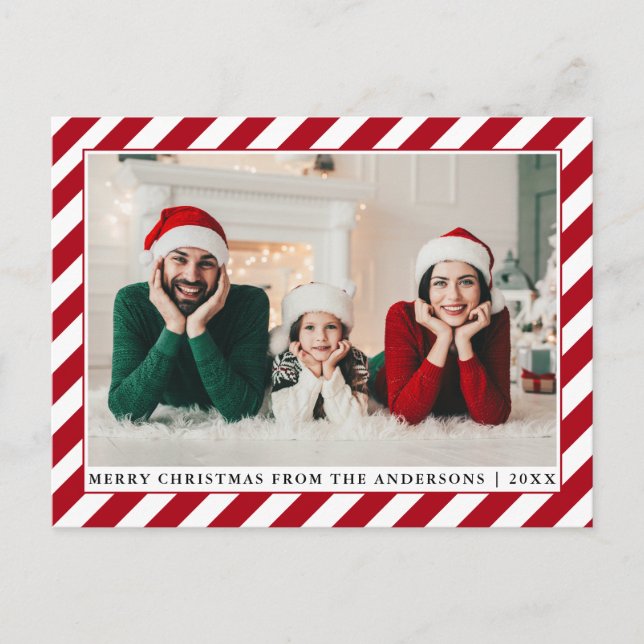 Modernes frohes Weihnachts-Foto Rote Streifen Postkarte (Vorderseite)