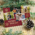 Modernes fröhliches und helles Foto Weihnachtsgold Folien Feiertagskarte<br><div class="desc">Einfach stilvoller Luxus 5 individuelle Fotos,  schicke Typografie und echte Goldfolienschneeflocken Merry & Bright red Urlaubskartenvorlage.      Einfach mit Ihren Bildern und Familiennamen personalisieren.     Bitte beachten Sie,  dass Sie die Farbe der FOIL wählen können: GOLD,  ROSE GOLD,  oder SILVER.</div>