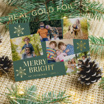 Modernes fröhliches und helles Foto Weihnachtsgrün Folien Feiertagskarte<br><div class="desc">Einfach stilvoller Luxus 5 individuelle Fotos,  schicke Typografie und echte Goldfolienschneeflocken Merry & Bright Green Urlaubskarte Vorlage.      Einfach mit Ihren Bildern und Familiennamen personalisieren.     Bitte beachten Sie,  dass Sie die Farbe der FOIL wählen können: GOLD,  ROSE GOLD,  oder SILVER.</div>