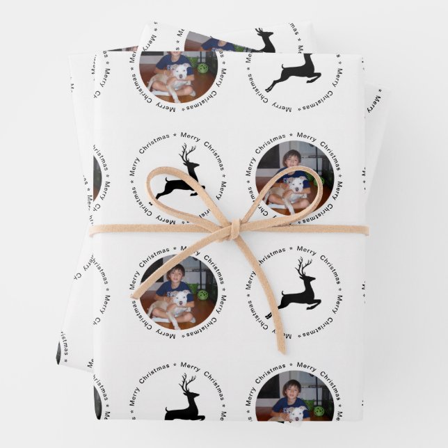 Modernes fröhliches Weihnachts-Foto Rentier Muster Geschenkpapier Set (Beispiel)