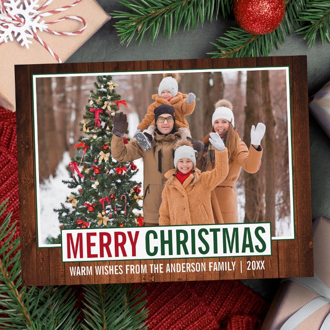 Modernes, fröhliches Weihnachtsbaumfamilien-Foto Postkarte (Customize to change your personalized text size or text style.)