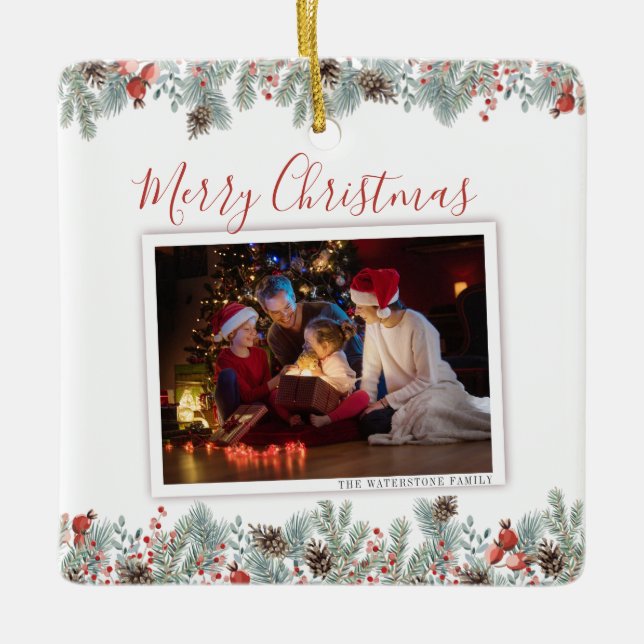 Modernes fröhliches Weihnachtsfamilien Foto Rustik Keramikornament (Vorderseite)