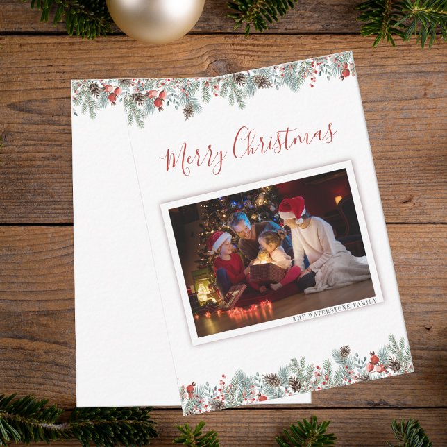 Modernes fröhliches Weihnachtsfamilien Foto Rustik Mitteilungskarte (Modern Merry Christmas Family Photo Rustic Holiday Note Card)