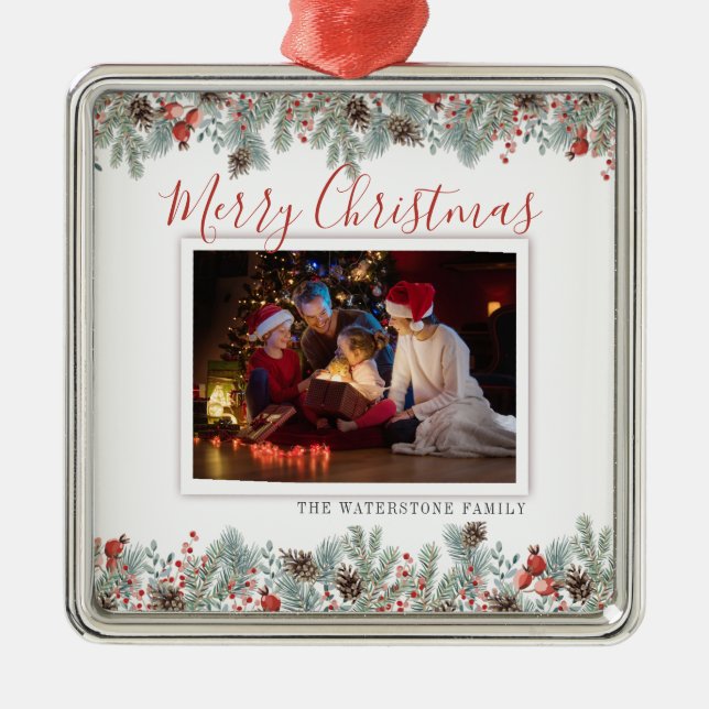 Modernes fröhliches Weihnachtsfamilien Foto Rustik Ornament Aus Metall (Vorne)