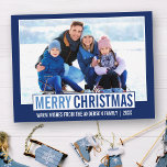 Modernes fröhliches Weihnachtsfamiliengebäck Foto  Postkarte<br><div class="desc">Moderne frohe Weihnachtsfamilie Foto Blue Holiday Postcard</div>
