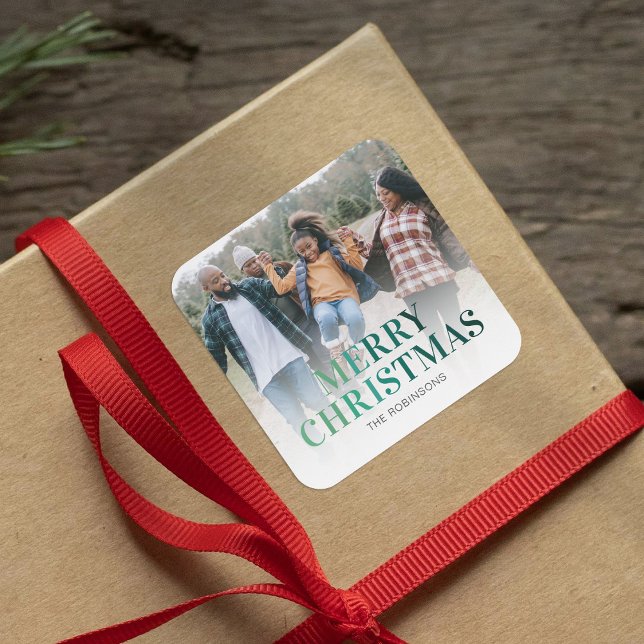 Modernes fröhliches Weihnachtsfest-Foto Quadratischer Aufkleber (Von Creator hochgeladen)