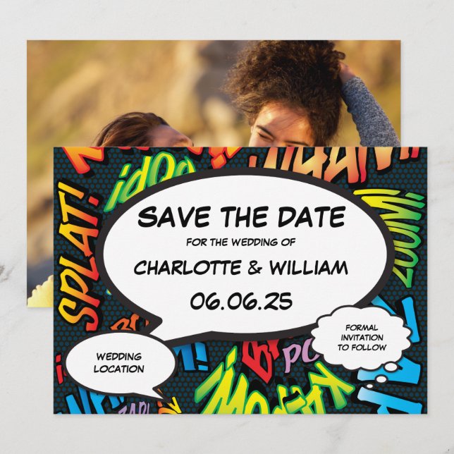 Modernes Fun Comic Book Wedding Foto Save The Date (Vorne/Hinten)