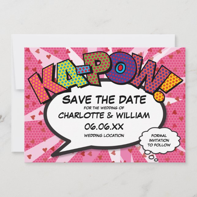 Modernes Fun Comic KAPOW Pink Liebe Herz Save The Date (Vorderseite)