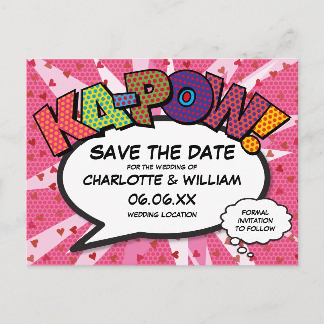 Modernes Fun Comic KAPOW Pink Save the Date buchen Postkarte (Vorderseite)