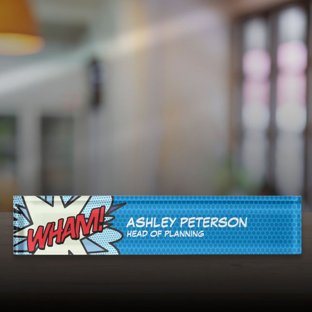 Modernes Fun Comic Pop Kunst Flash Namensplakette (Modern Fun Comic Book Pop Art Flash WHAM Desk Name Plate)