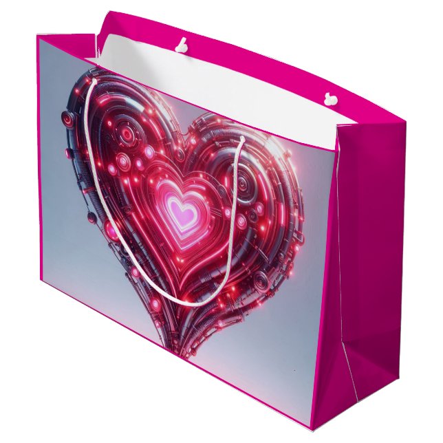 Modernes futuristisches leuchtendes rosa Herz Große Geschenktüte (Rückseite Schrägansicht)