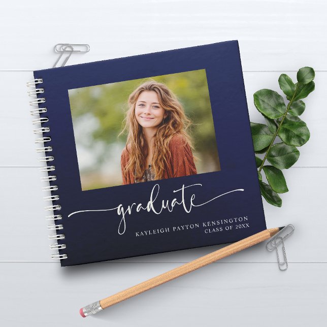Modernes Gästebuch für Navy Blue Abschluss mit Fot Notizbuch (Modern Navy Blue Graduation Guest Book with Photo)