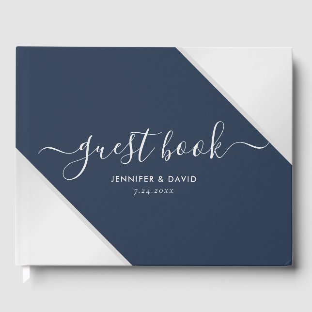 Modernes Gästebuch für Navy Blue und Silver Weddin (Vorderseite)