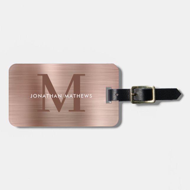 Modernes, gebürstetes Metallic-Rose-Gold-Monogramm Gepäckanhänger (Vorderseite horizontal)