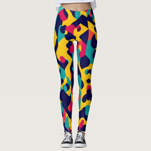 Modernes, gelb-blau-rosa geometrisches Muster Leggings (Vorderseite)