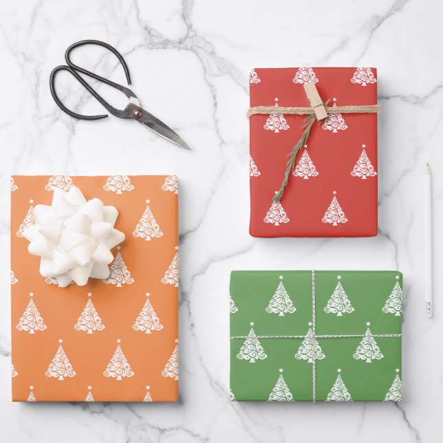 Modernes, gelb-grünes Weihnachtsbaummuster Geschenkpapier Set (Vorderseite)