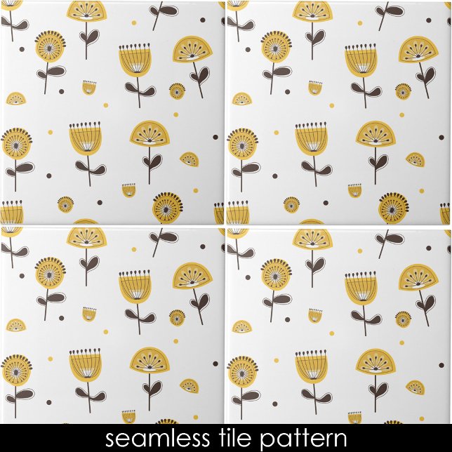 Modernes gelbes, bläsernes Muster aus dem Mittelal Fliese (Mid Century Modern Yellow Floral Seamless Pattern Ceramic Tile)