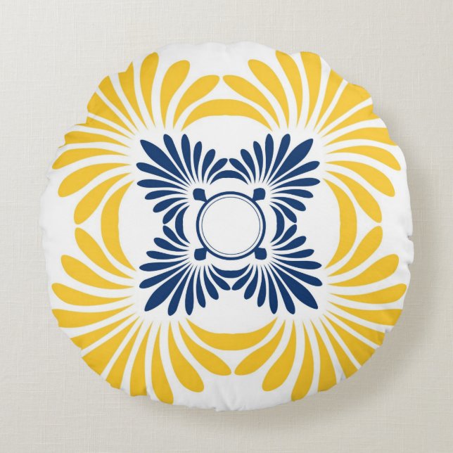 Modernes gelbes blaues Blumenmuster Rundes Kissen (Vorderseite)
