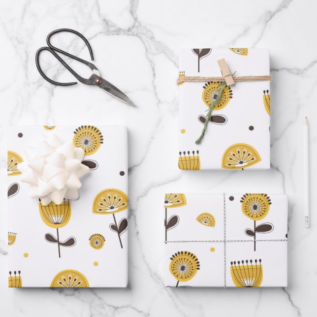 Modernes gelbes Blumenmuster aus dem Mittelalter Geschenkpapier Set (Vorderseite)