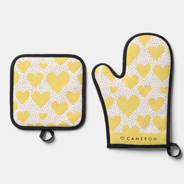 Modernes Gelbes Herzmuster Personalisiert Ofenhandschuh & Topflappen-Set (Vorderseite)