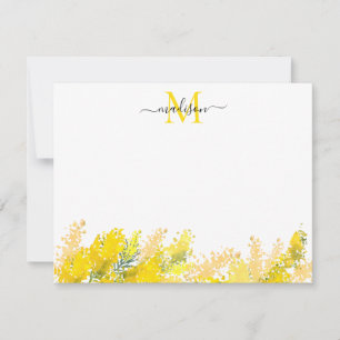 Modernes Gelbes Mimosa Wasserfarben Monogramm Mitteilungskarte