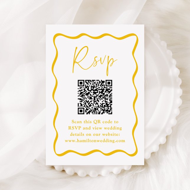 Modernes Gelbes Wavy Frame QR Code Hochzeitsszenar Begleitkarte (Von Creator hochgeladen)