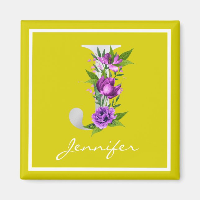 Modernes, gelbes weißes Metallisches, florales J M Magnet (Vorne)