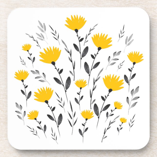 Modernes Gelbgraufarbenes Blumenmotiv Getränkeuntersetzer (Vorderseite)