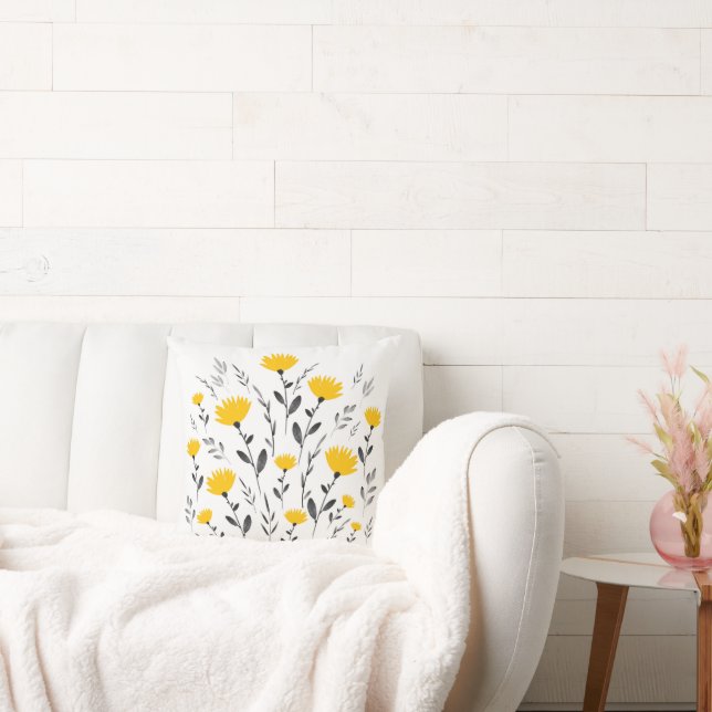 Modernes Gelbgraufarbenes Blumenmotiv Kissen (Liege)