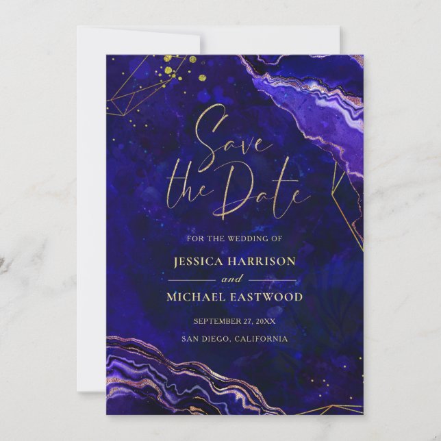 Modernes geometrisches Geode Lila Rose Gold Agate Save The Date (Vorderseite)