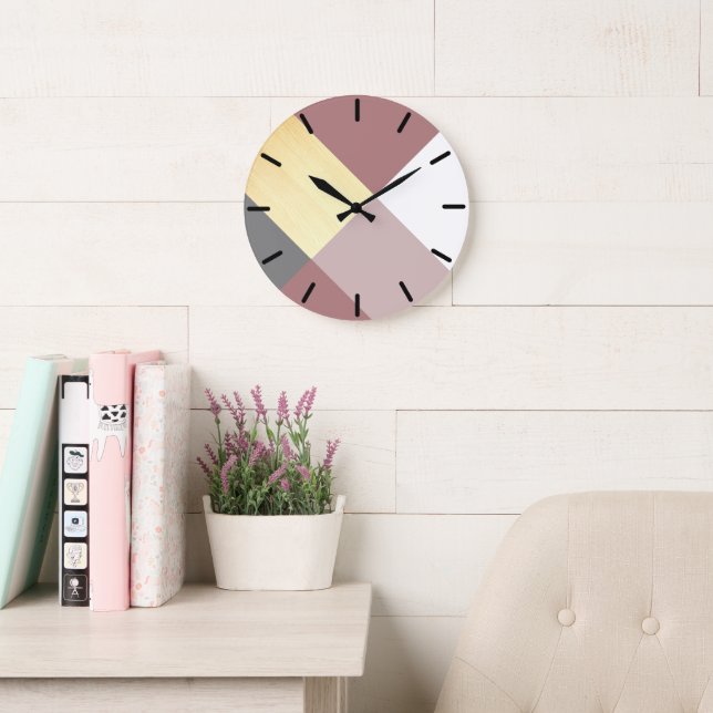Modernes geometrisches Holz lila, rosa pastellfarb Große Wanduhr (Lesesaal)
