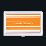 Modernes geometrisches Muster aus Orange und Weiß Visitenkarten Dose<br><div class="desc">Elegantes modernes Design,  geometrische Streifen in Weiß und Orange. Mit diesem Design können Sie ein passendes Visitenkarten-Notebook und ein beliebiges Produkt anfordern. Wenn Sie Hilfe bei der Anpassung eines meiner Designs benötigen,  kontaktieren Sie ArtOnWear Designer. Kostenlose Textformatierung mit Live-Hilfe auf Anfrage.</div>