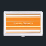 Modernes geometrisches Muster aus Orange und Weiß Visitenkarten Dose<br><div class="desc">Elegantes modernes Design,  geometrische Streifen in Weiß und Orange. Mit diesem Design können Sie ein passendes Visitenkarten-Notebook und ein beliebiges Produkt anfordern. Wenn Sie Hilfe bei der Anpassung eines meiner Designs benötigen,  kontaktieren Sie ArtOnWear Designer. Kostenlose Textformatierung mit Live-Hilfe auf Anfrage.</div>